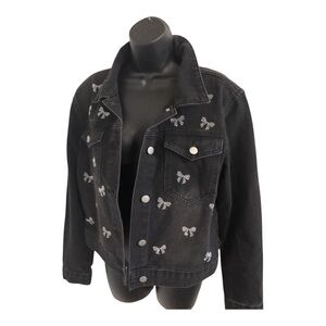 Ashley Mason black denim bling bow adorned jean jacket size XS new‎
